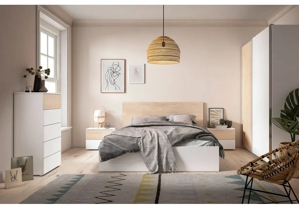 Letto matrimoniale in rovere bianco/naturale con contenitore 140x190 cm Sahara - Marckeric