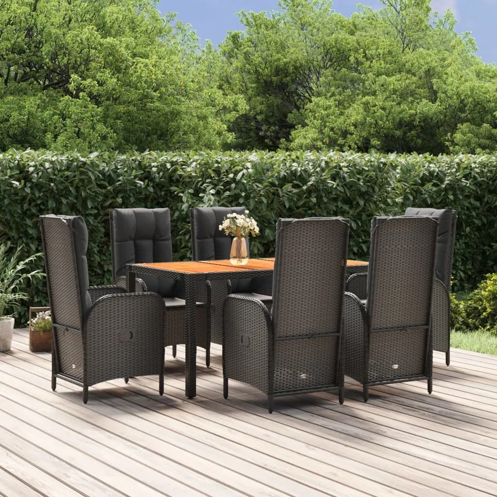 Set da pranzo da giardino 7 pz nero con cuscini in polyrattan