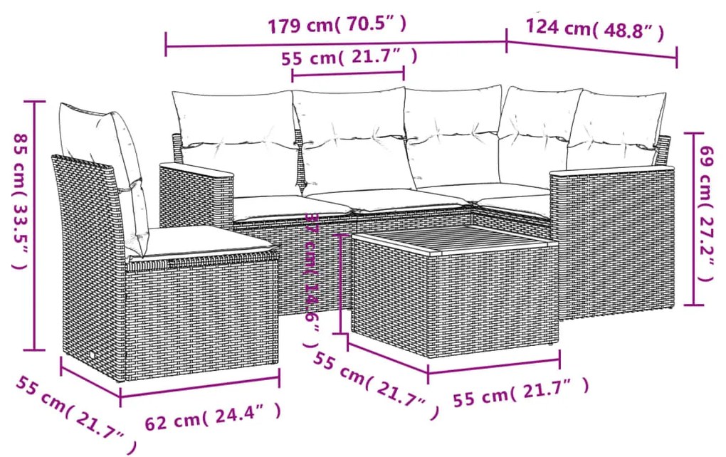 Set divano da giardino 6 pz con cuscini nero in polyrattan