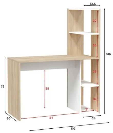 Scrivania Con Libreria A 4 Ripiani 110 Cm Reversibile Bianco e Rovere Effetto Legno WS Double