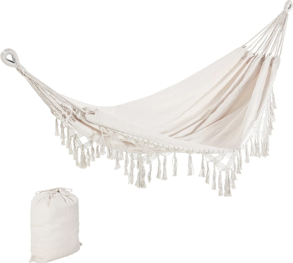 Amaca da Giardino Sospesa 288x150 cm in Tela con Frange Stile Boho Crema...