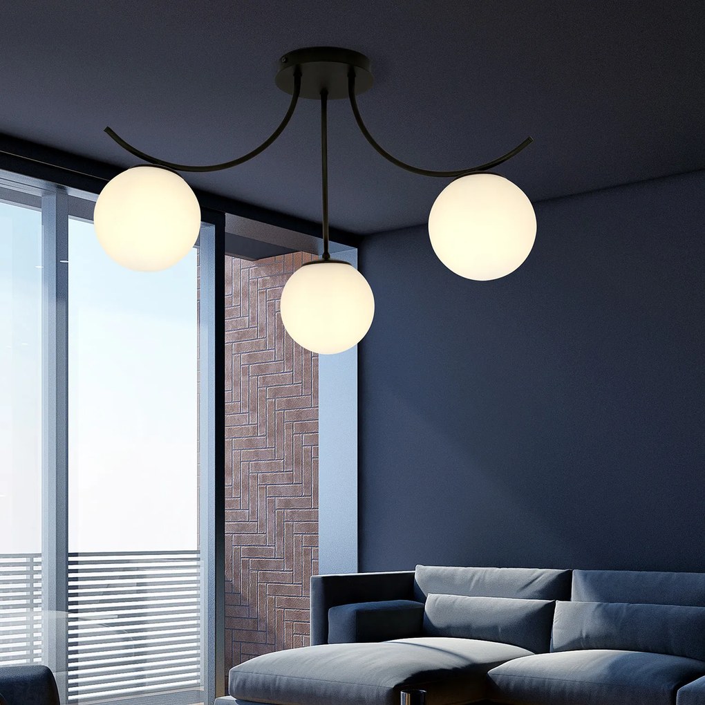 Plafoniera Moderna 3 Luci Coeo In Acciaio Nero E Diffusori In Vetro Opale