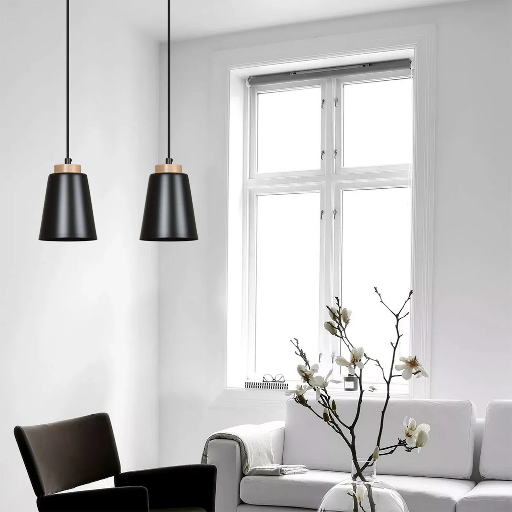 Sospensione 1 Luce Lancillotto A Cono In Acciaio Nero E Legno Naturale