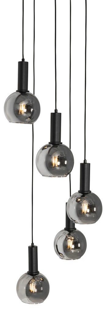 Lampadario Art Déco nero con vetro fumé rotondo 5 luci - Josje