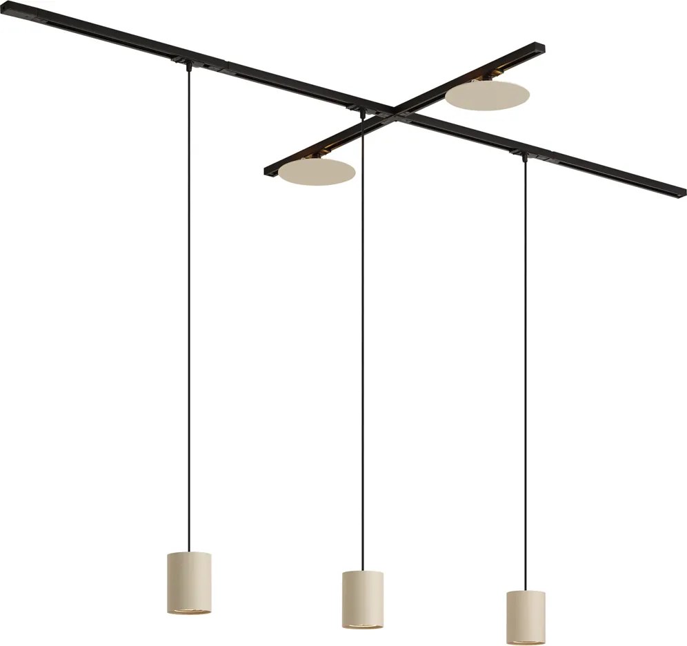 Sistema di illuminazione a binario moderno nero con 3 luci a sospensione e 2 plafoniere beige monofase - Iconic Holt Pulley