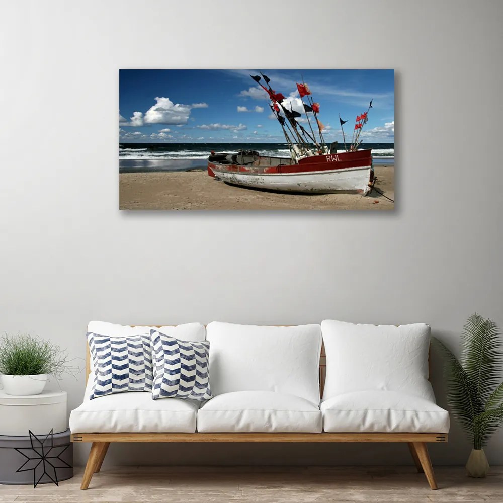 Quadro su tela Spiaggia del mare Paesaggio della barca 140x70 cm