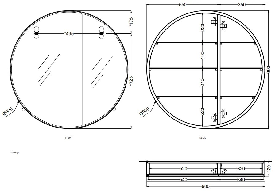 Cielo I Catini specchio contenitore 90 cm tondo con ripiani in vetro e struttura in legno nero matt