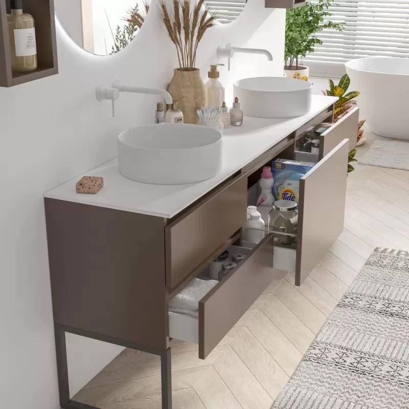 Mobile bagno a terra 180 cm con piano bianco solid surface e 5 cassetti SP-180SS5 - KAMALU