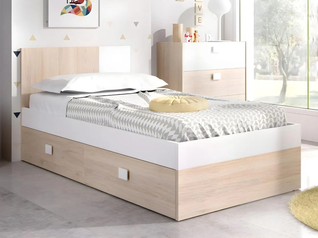 Letto singolo con letto estraibile 90 x 190 cm Quercia e bianco - SONIA