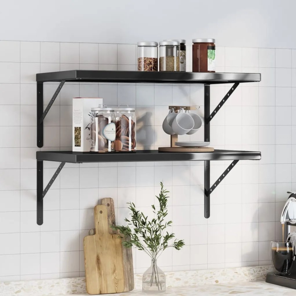 Mensole A Muro 2 Pz 75x40x3 Cm Nero İn Acciaio Inossidabile /
