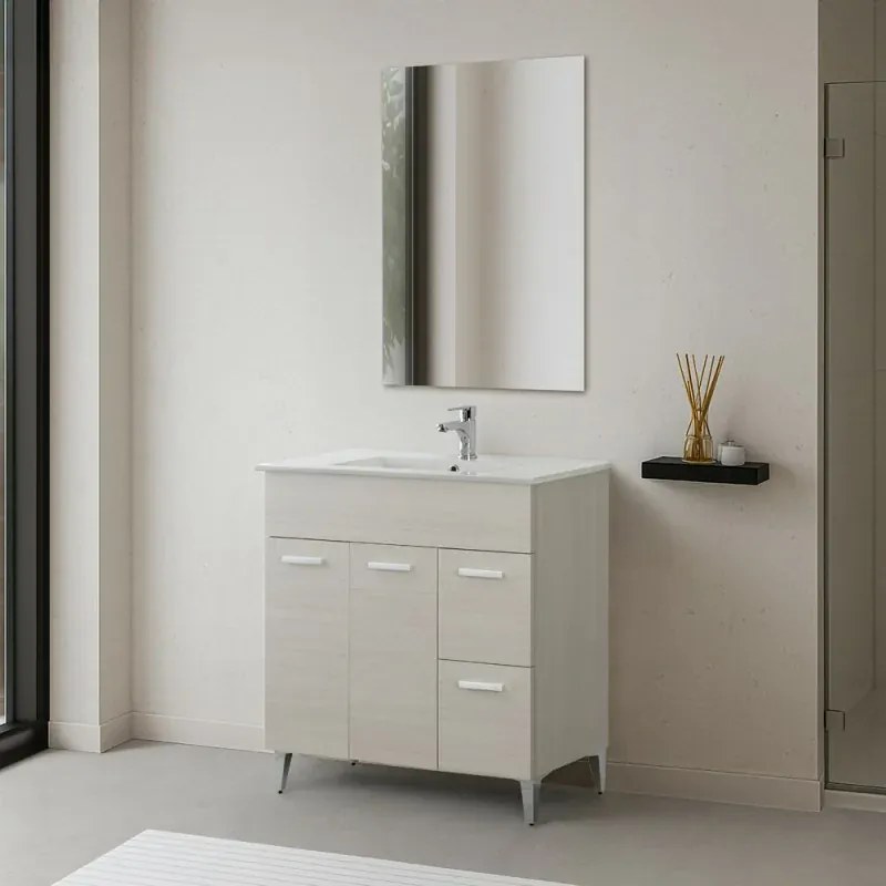 Mobile bagno 80 cm in melaminico larice con due ante e due cassetti consolle in ceramica e specchio