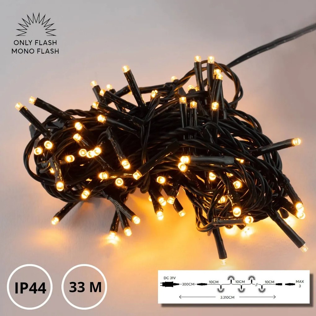 Catenaria Natalizia LED 33m MONOFLASH Cavo VERDE IP44 Colore Bianco Caldo 2600 °K