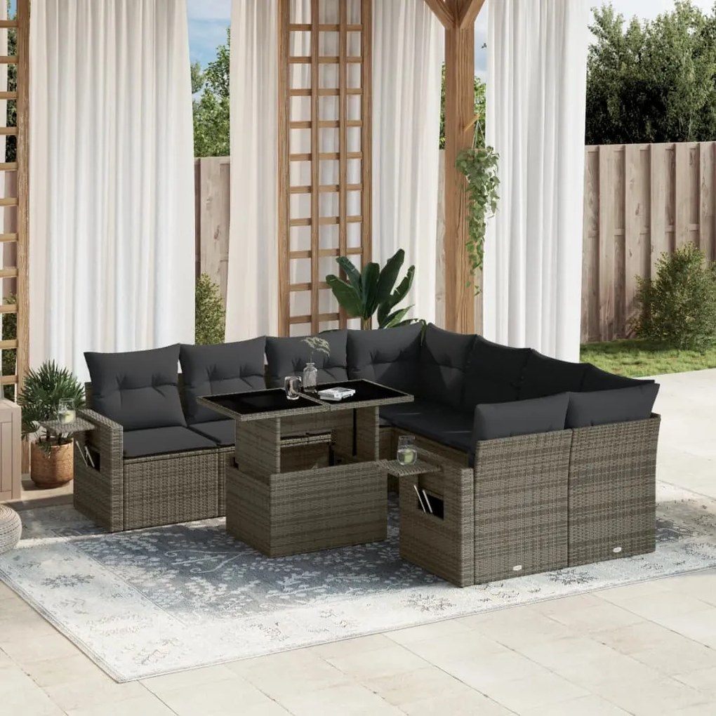 Set divano da giardino 9 pz con cuscini grigio in polyrattan