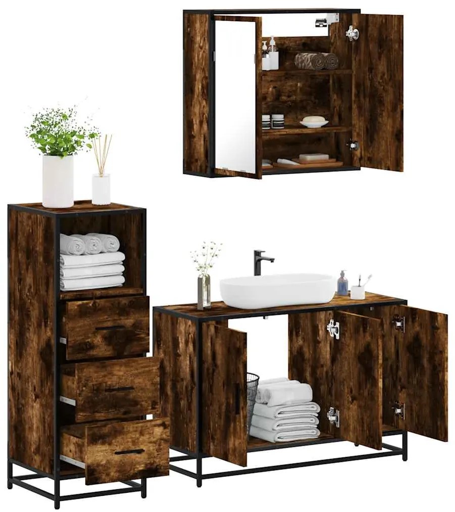 Set Mobili Da Bagno 3 Pz Rovere Fumo İn Legno Multistrato /