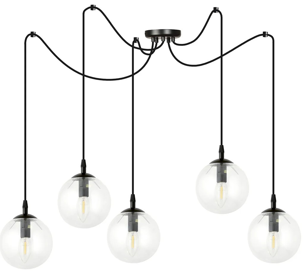 Lampadario 5 Luci Ginevra In Acciaio Nero Con Cavo Lungo E Vetri Trasparente