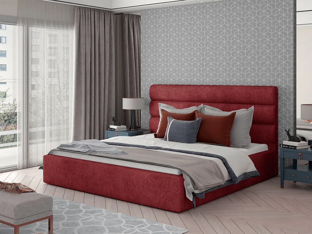 Letto matrimoniale con box contenitore Provenza - 160 x 200 cm , Tessuto rosso amarena