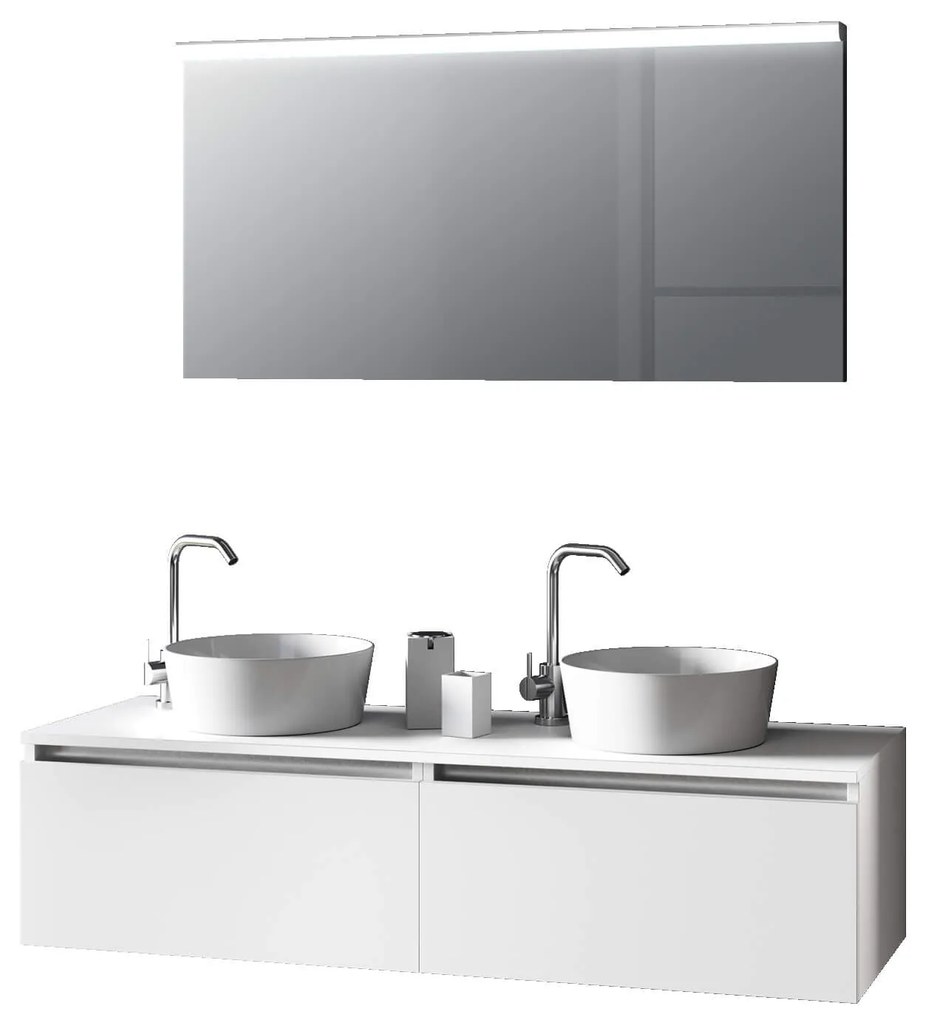 Mobile Bagno 140cm Con Doppio Lavabo, Base Con Cassetto E Specchio Con LED Integrato
