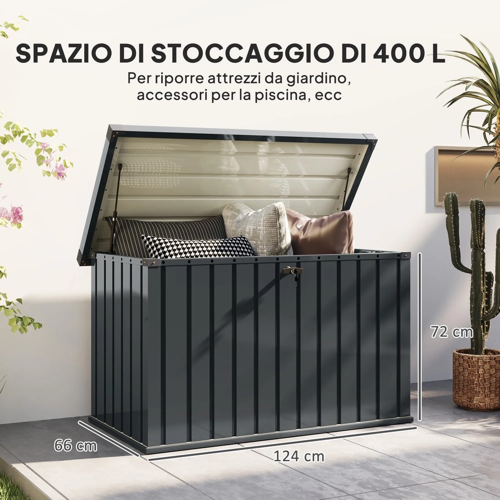 Baule Cassapanca da Esterno 124x66x72 cm da 400L in Acciaio Zincato con Serratura e 2 Chiavi Grigio Scuro...