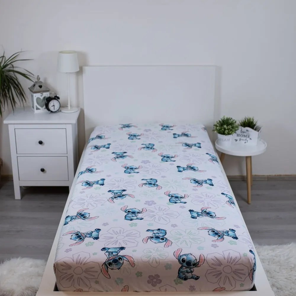Lenzuolo singolo per bambini in cotone elasticizzato bianco 90x200 cm Lilo and Stitch "Ohana White" - Jerry Fabrics