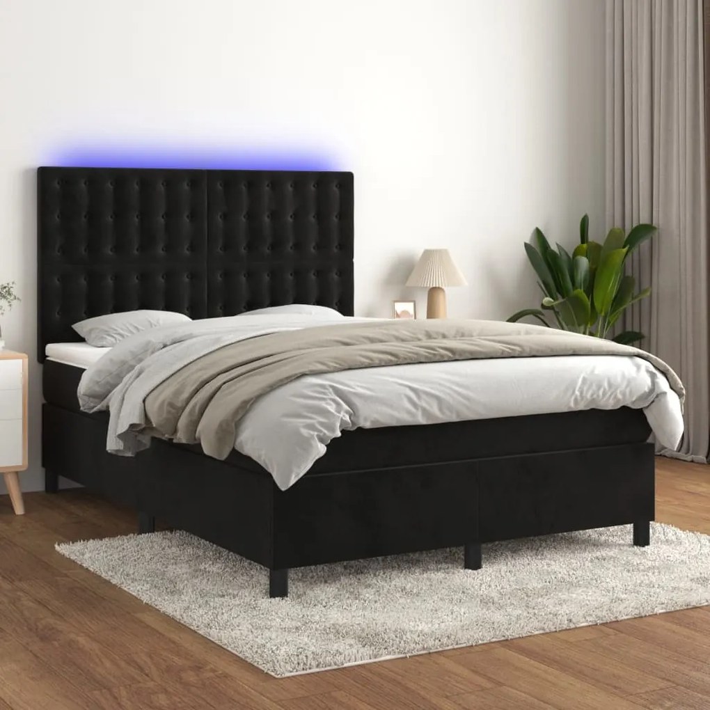 Letto a molle con materasso e led nero 140x200 cm in velluto
