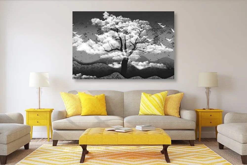 Quadro su tela – Albero in bianco e nero immerso nelle nuvole