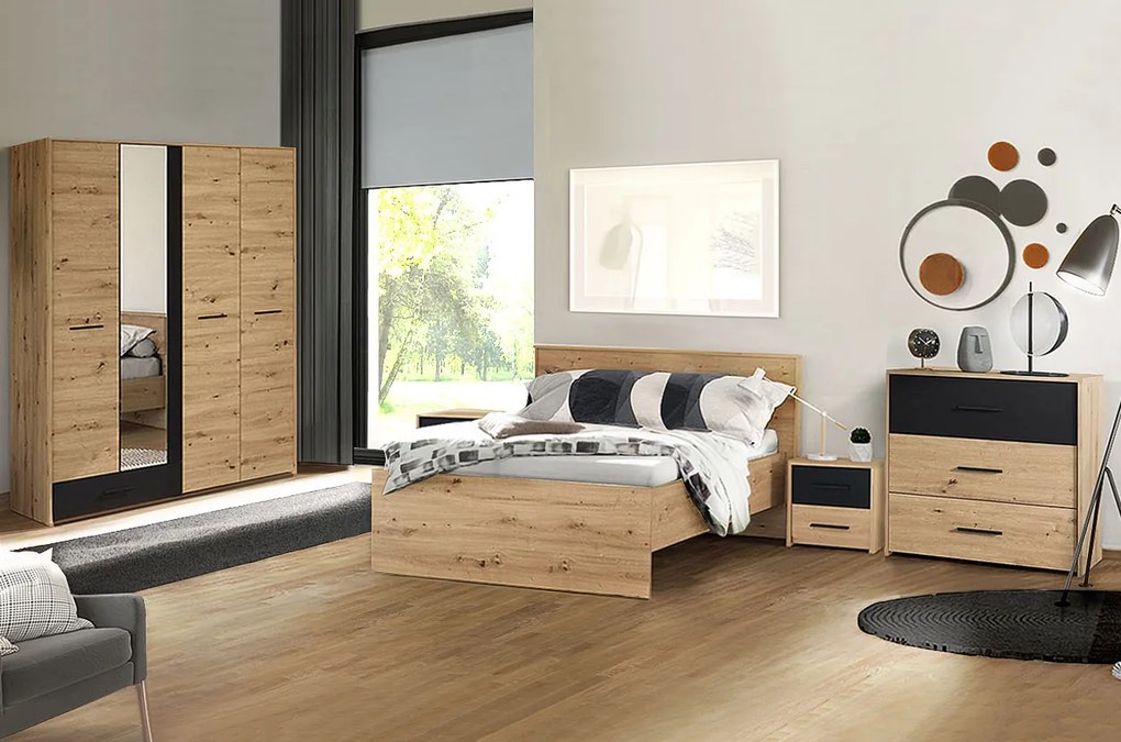 Camera matrimoniale industry con armadio battente, finitura Rovere