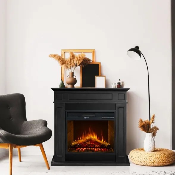 Camino elettrico da terra in legno Nero JEFFERSON L89,5 x H90,5 x P28 cm