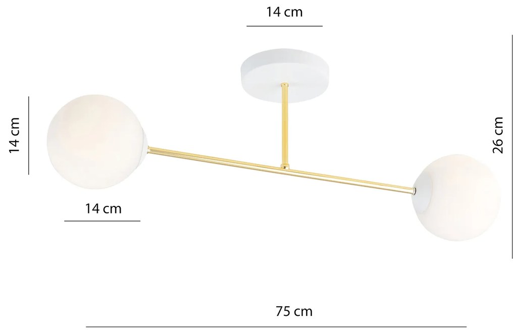 Plafoniera Moderna Magnium 2 Luci In Acciao Oro E Sfere In Vetro Bianco
