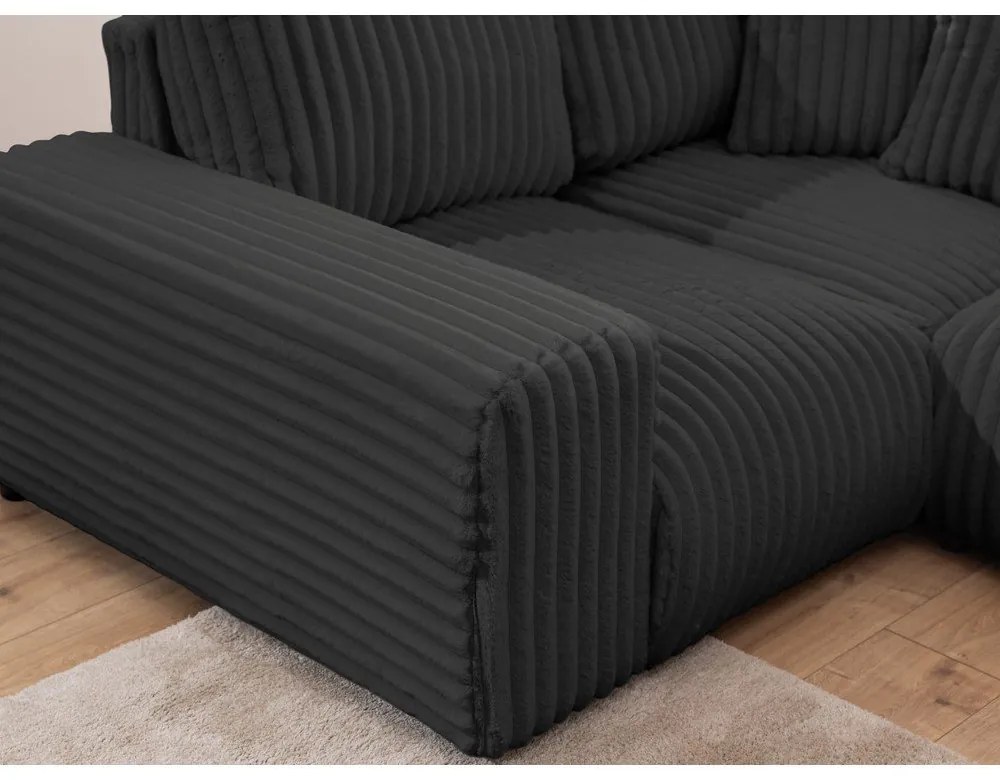 Divano angolare grigio scuro (con penisola a sinistra/a U) rivestito in velluto a coste Justin – Ropez