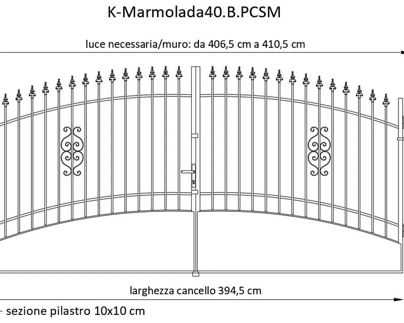 Cancello Marmolada in ferro, apertura centrale, L 408.5 x H 195 cm, di colore bianco