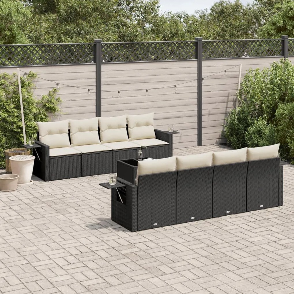 Set divani da giardino 9 pz con cuscini nero in polyrattan