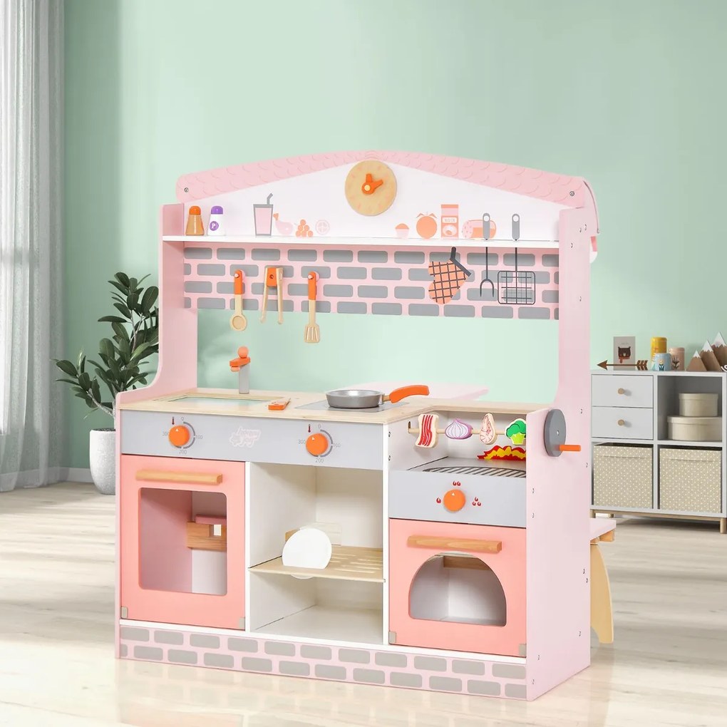 Costway Cucina e ristorante per bambini con forno fornello barbecue tenda regolabile, Cucina giocattolo a doppia faccia