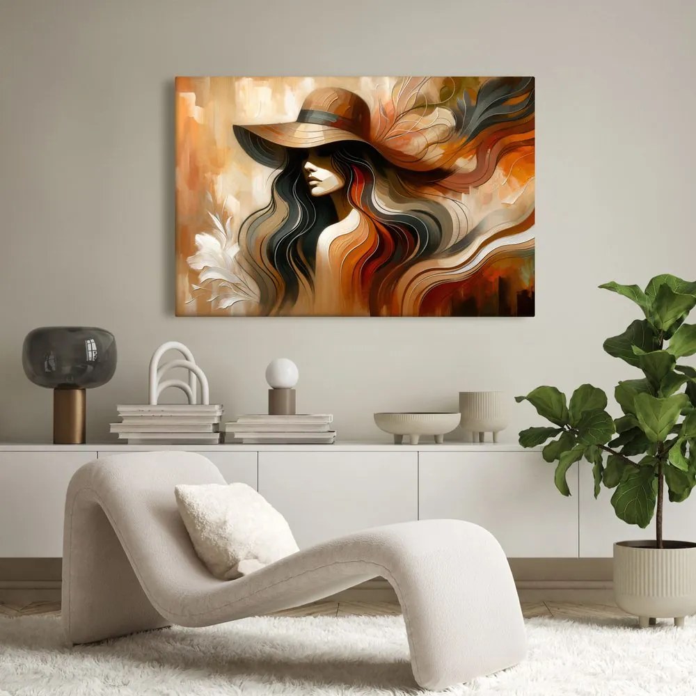 Quadro su tela – Donna con cappello in toni autunnali