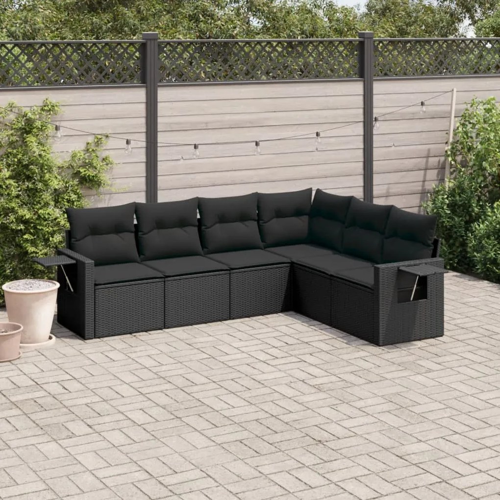 Set Divano da Giardino 6 pz con Cuscini Nero in Polyrattan