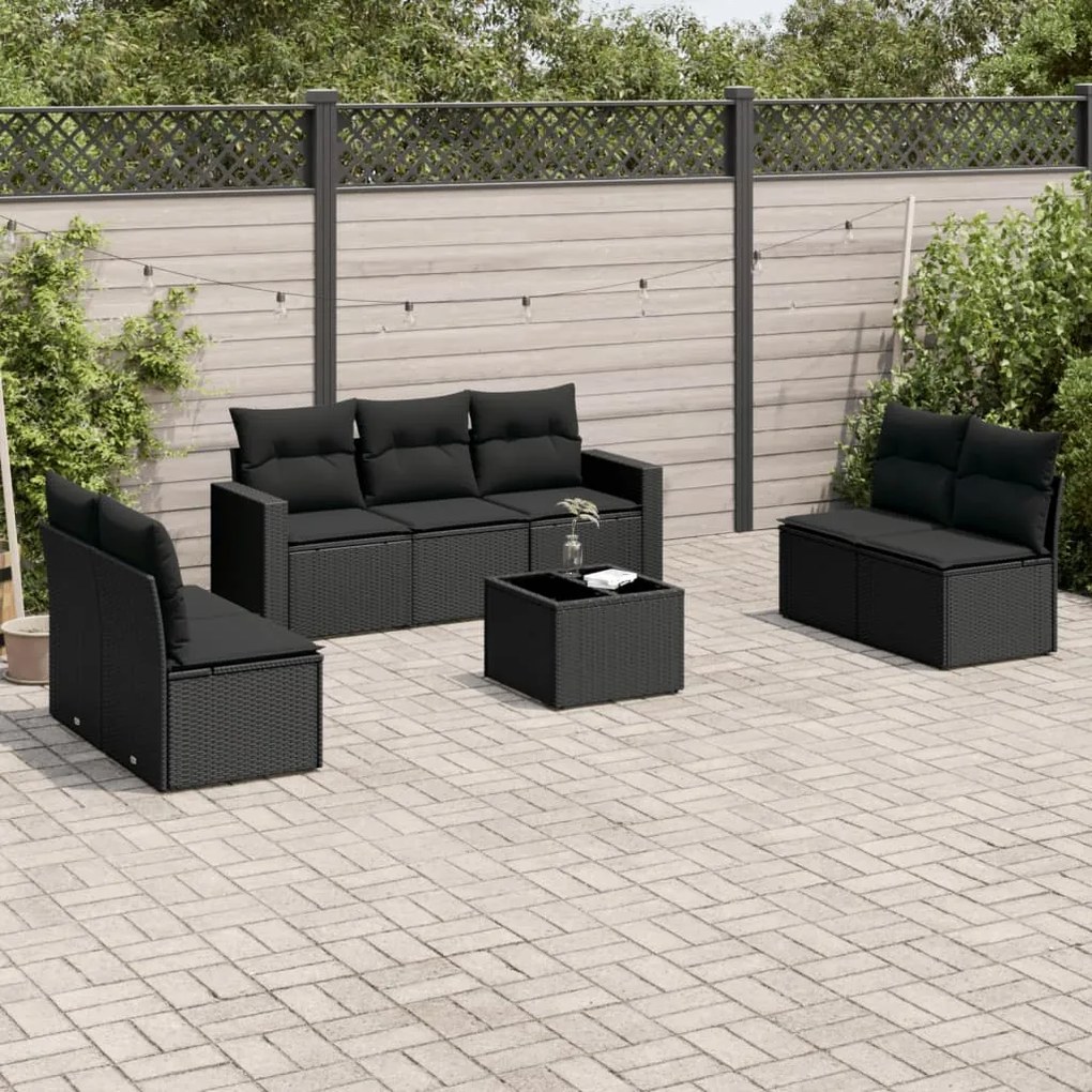 Set divani da giardino con cuscini 8 pz nero in polyrattan