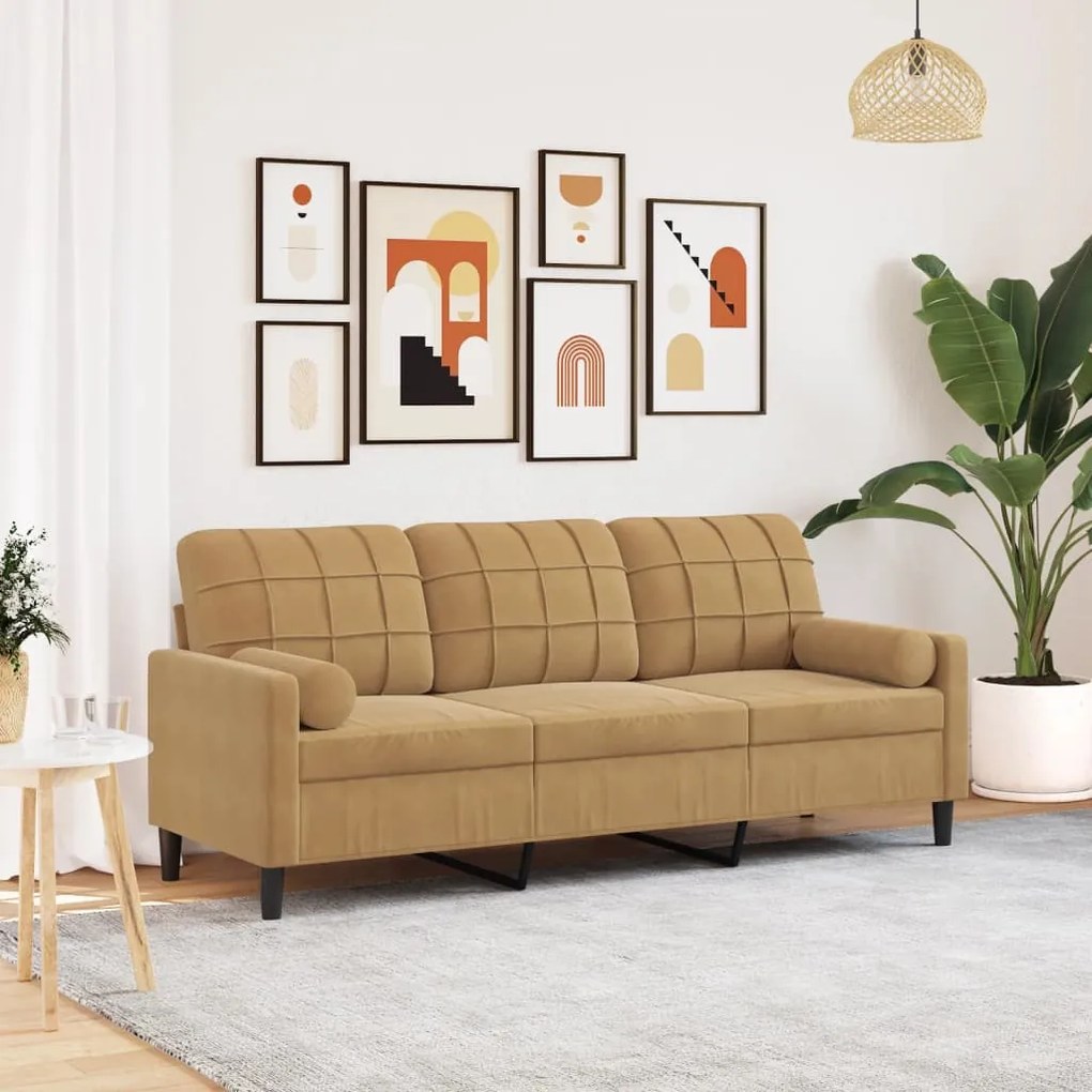 Divano A 3 Posti Con Cuscini Marrone 180 Cm İn Velluto /