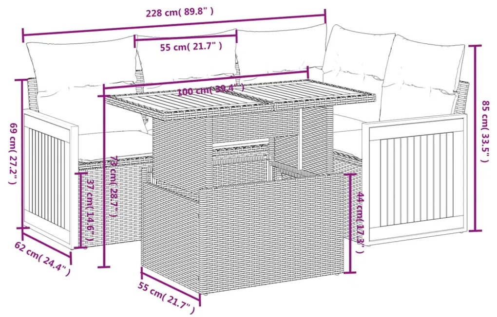 Set divano da giardino 5 pz con cuscini beige in polyrattan