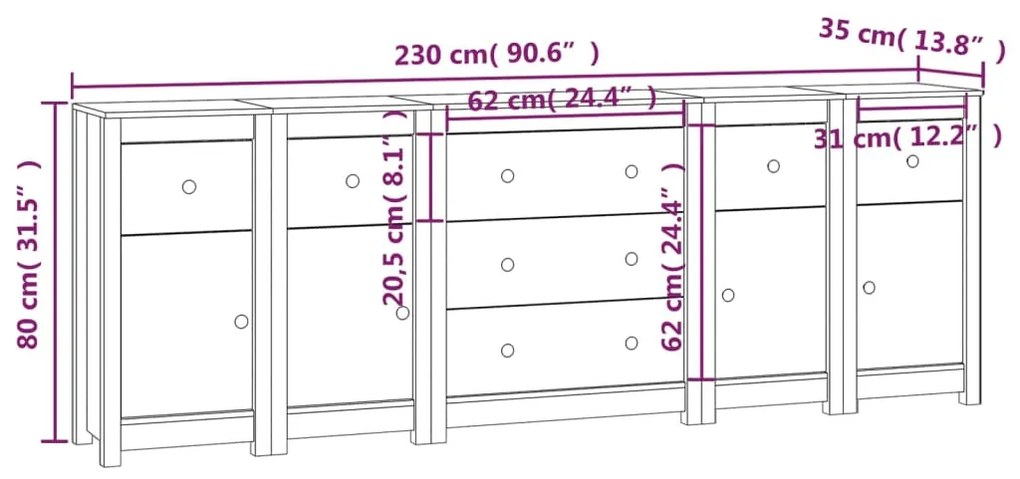 Credenza Bianca 230x35x80 cm in Legno Massello di Pino