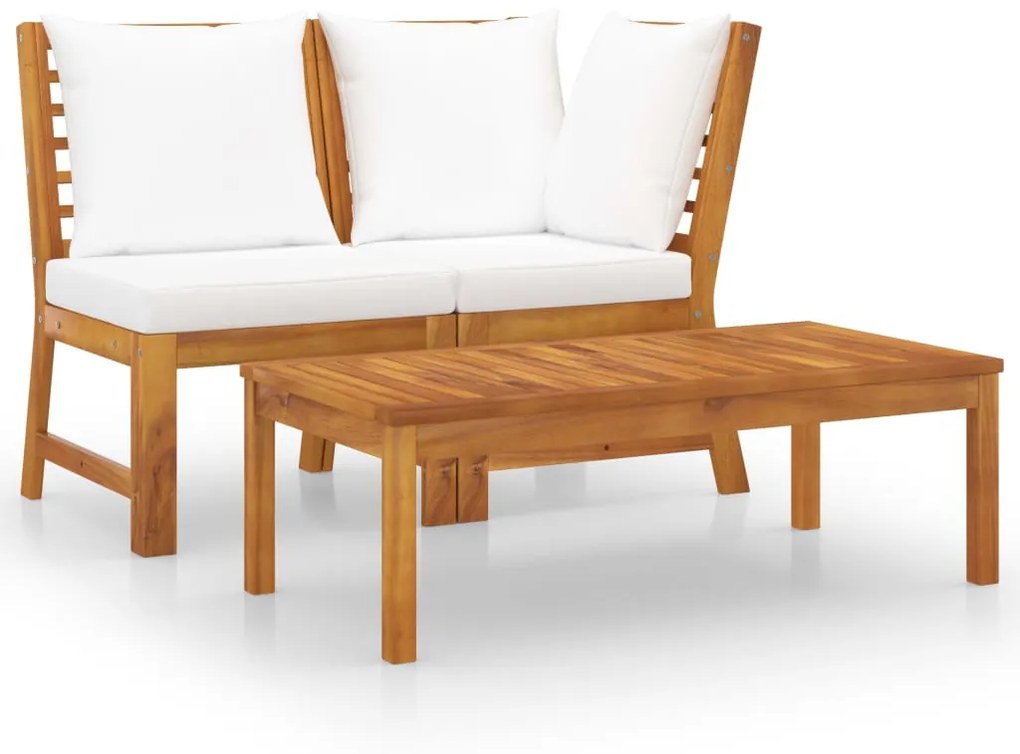 Set divani da giardino 3 pz con cuscini crema in legno acacia