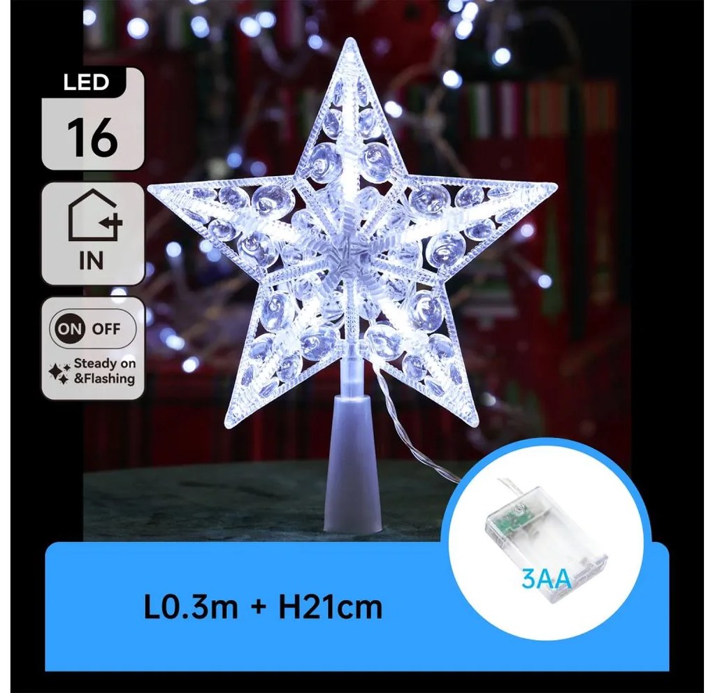 Aigostar - Stella LED per decorazione natalizia, 16 LED, 3xAA, luce bianca fredda