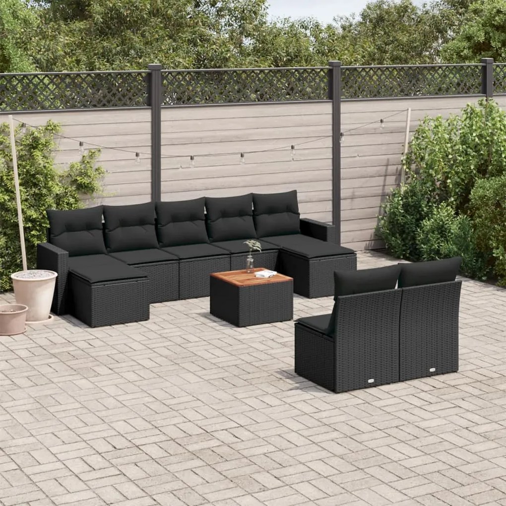 Set divani da giardino 10pz con cuscini in polyrattan nero