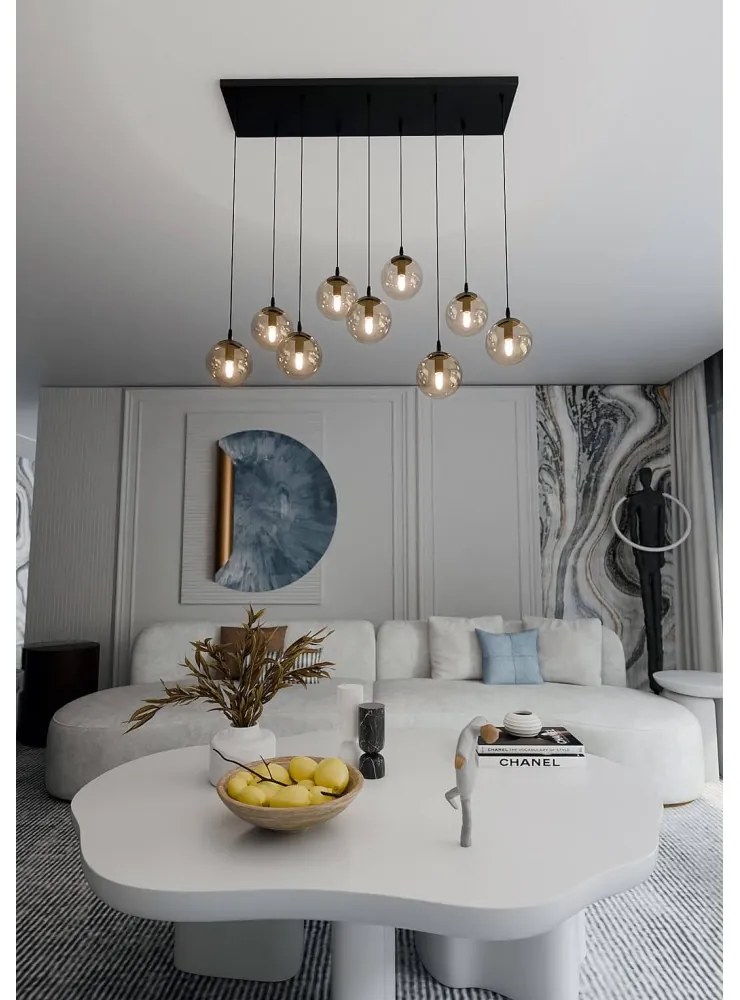 Lampadario a Sospensione in Acciaio e Vetro COSMO 9 Nero 9xE14 Colore delle Sfere Ambrate