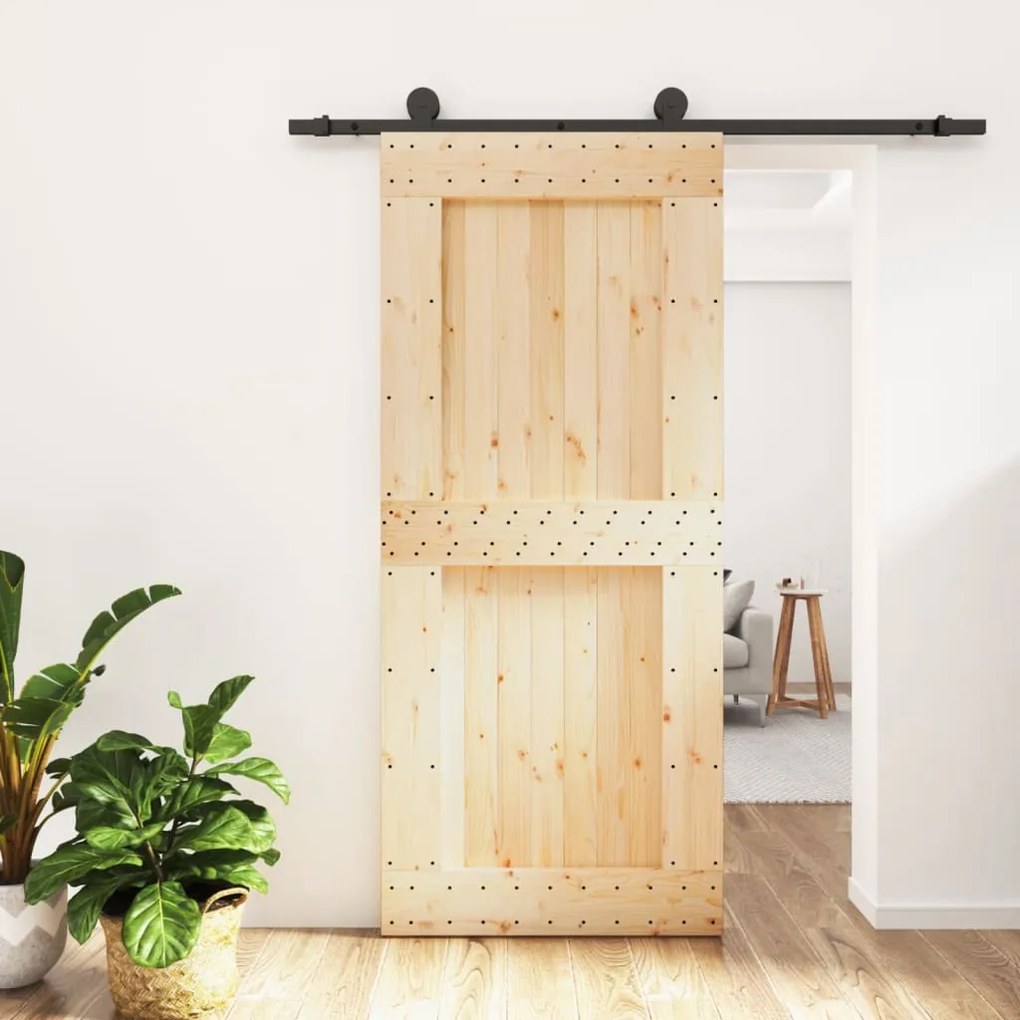 Porta Scorrevole Con Set Hardware 90x210 Cm Legno Massello Pino /