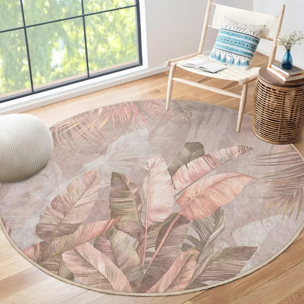 Tappeto rotondo in rosa chiaro lavabile ø 100 cm Dusty Leaves – Mila Home
