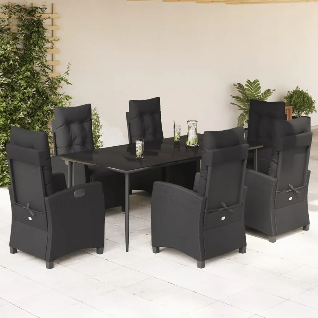 Set da pranzo da giardino 7 pz nero con cuscini in polyrattan