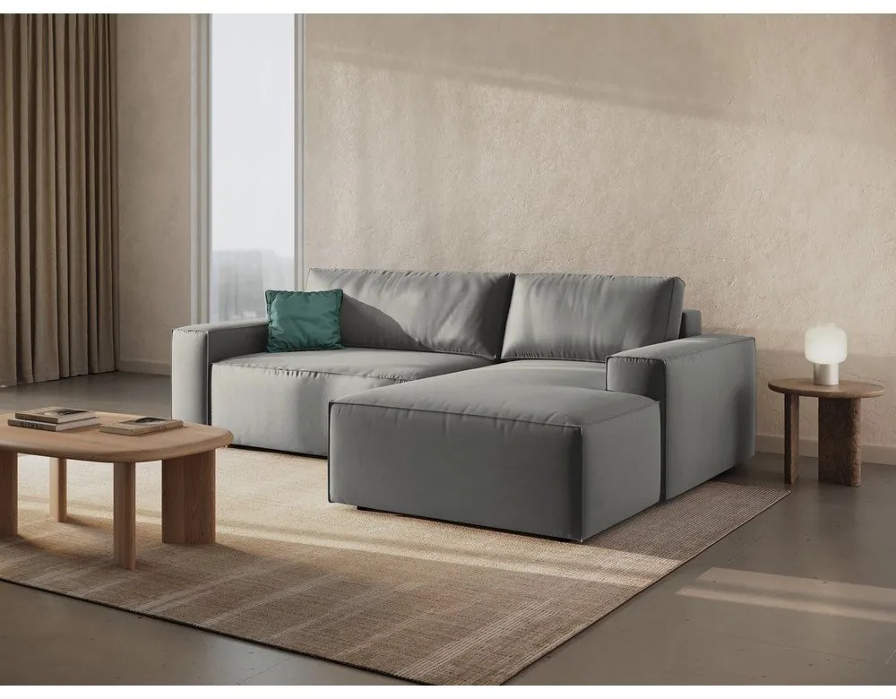 Divano angolare grigio chiaro allungabile/con contenitore (con penisola a destra/con chaise lounge) con rivestimento in velluto Jodie – Micadoni