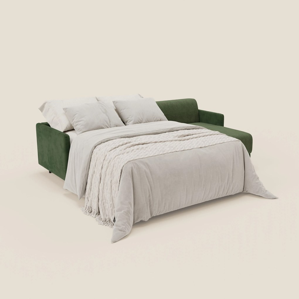 Narciso divano letto angolare con materasso alto 18 cm e penisola contenitore in tessuto bicolore impermeabile T11 e T06 verde - verde