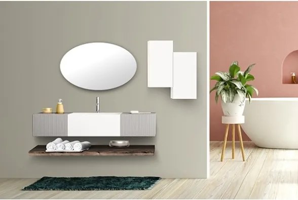 Lavabo 60 cm con due cassetti laterali 40 cm grigi specchio e mensole inferiori Rovere Scuro - Itaca