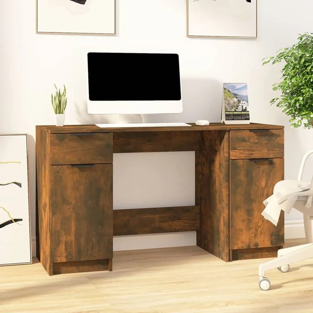 Scrivania Con Mobile Laterale Rovere Fumo İn Legno Multistrato /