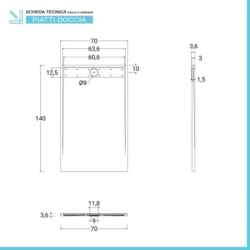 Piatto doccia 70x140 bianco pietra in resina riducibile con canalina Argo